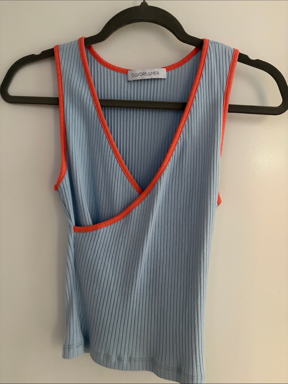 Daydreamer Light Blue Ribbed V-Neck Tank with Coral Trim